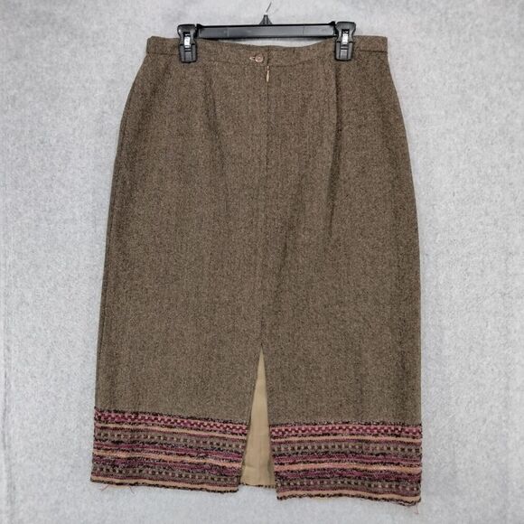 VTG Sag Harbor Skirt Womens Size 14 Brown Wool Blend Fringe Tweed Embroidered - Picture 7 of 10